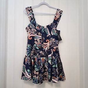 Lulus Navy Paisley Tiered Mini Dress – Sleeveless, Size Medium, NWT